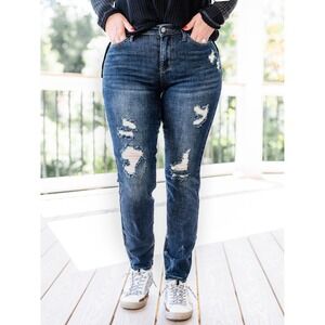 Judy Blue Women Mid-Rise Distressed Boyfriend Denim Blue Jeans Sz 1/25 Casual